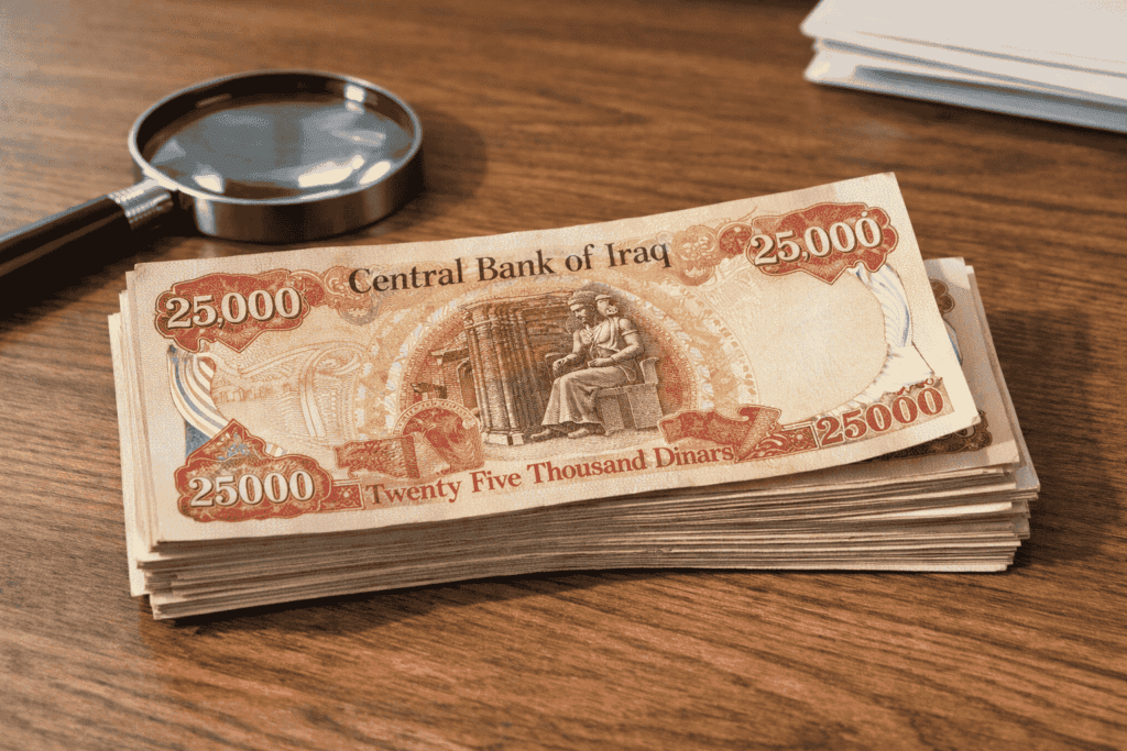 Close-up of authentic 25,000 Iraqi dinar 2003 series banknote with visible security features and magnifying glass for verification