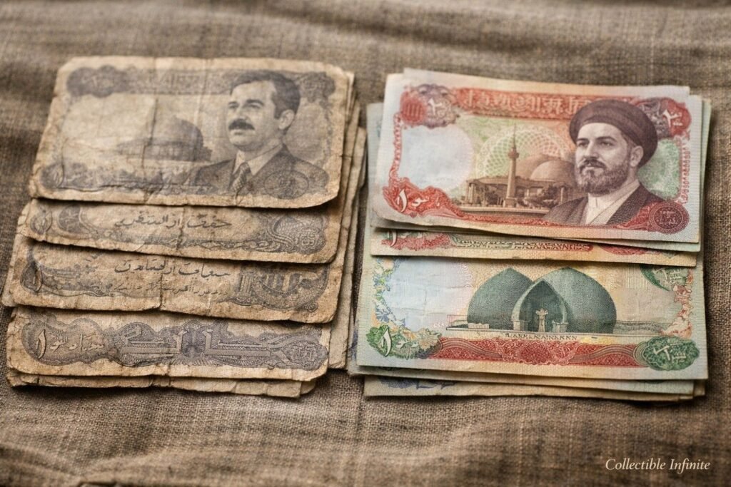 Historical evolution of Iraqi Dinar banknotes alongside modern uncirculated currency for collectors.