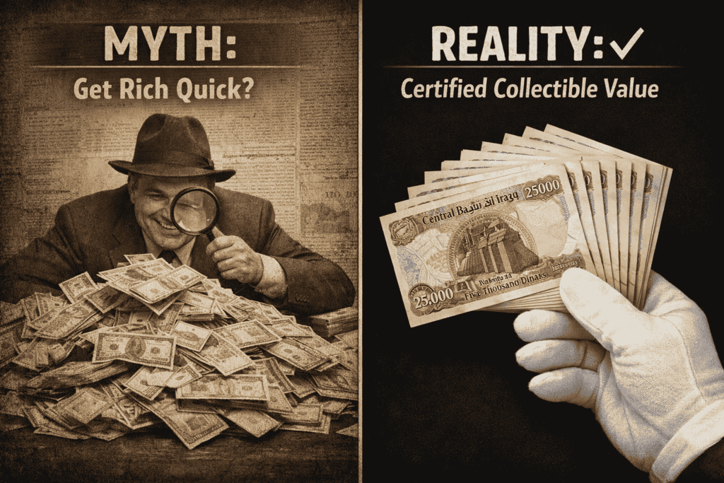 comparison showing authentic uncirculated 2003 series Iraqi dinar notes valued by collectors in 2026