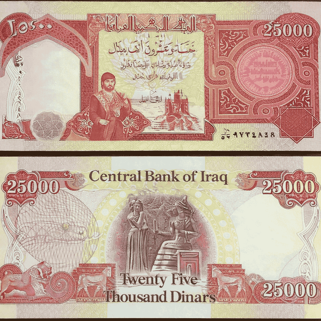 Uncirculated 25,000 Iraqi Dinar banknote from the 2003 series showing front and back details