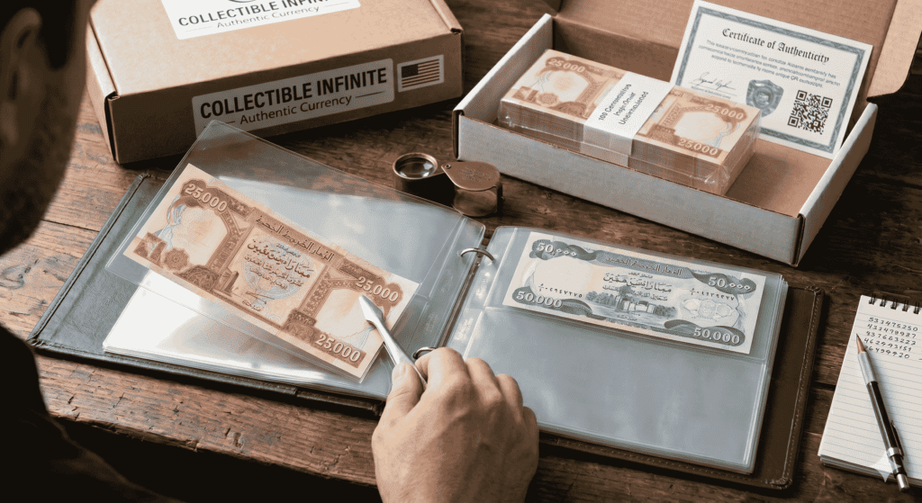 Collector organizing authentic 25,000 and 50,000 uncirculated Iraqi Dinar notes into a protective currency album.